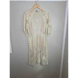 Rebellion Again Women's Floral Lace Embroidered Duster Kimono Open Front Ivory L